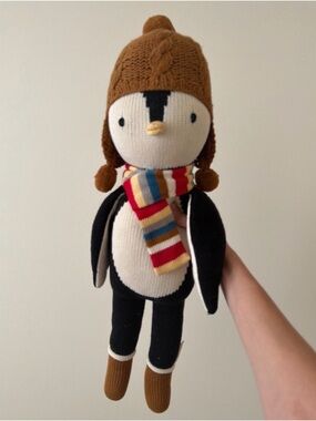 Knit Penguin Stuffed Animal in Black, Cream & Brown with Striped Scarf